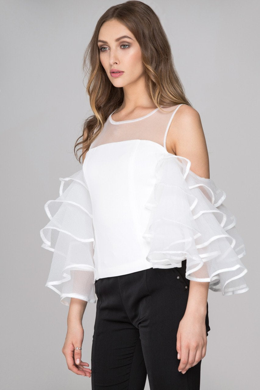 White Sheer Yoke Tiered Ruffle Sleeve Top White Sheer Yoke Tiered Ruffle Sleeve Top