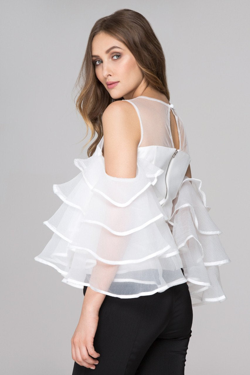 White Sheer Yoke Tiered Ruffle Sleeve Top White Sheer Yoke Tiered Ruffle Sleeve Top