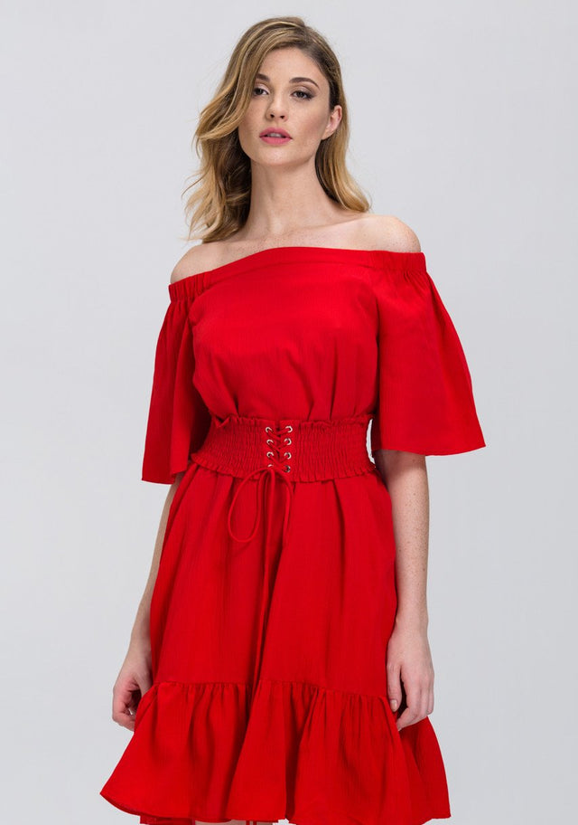 Fatima Almomen - Red Off the Shoulder Corset Belt Ruffled Hem Midi Dress