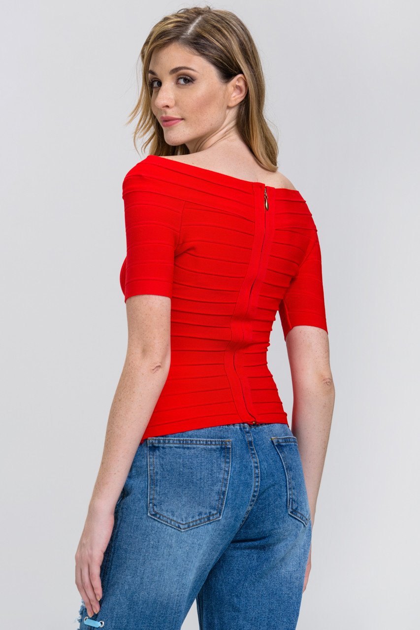 Red Zip Up off the shoulder Band Top Red Zip Up off the shoulder Band Top