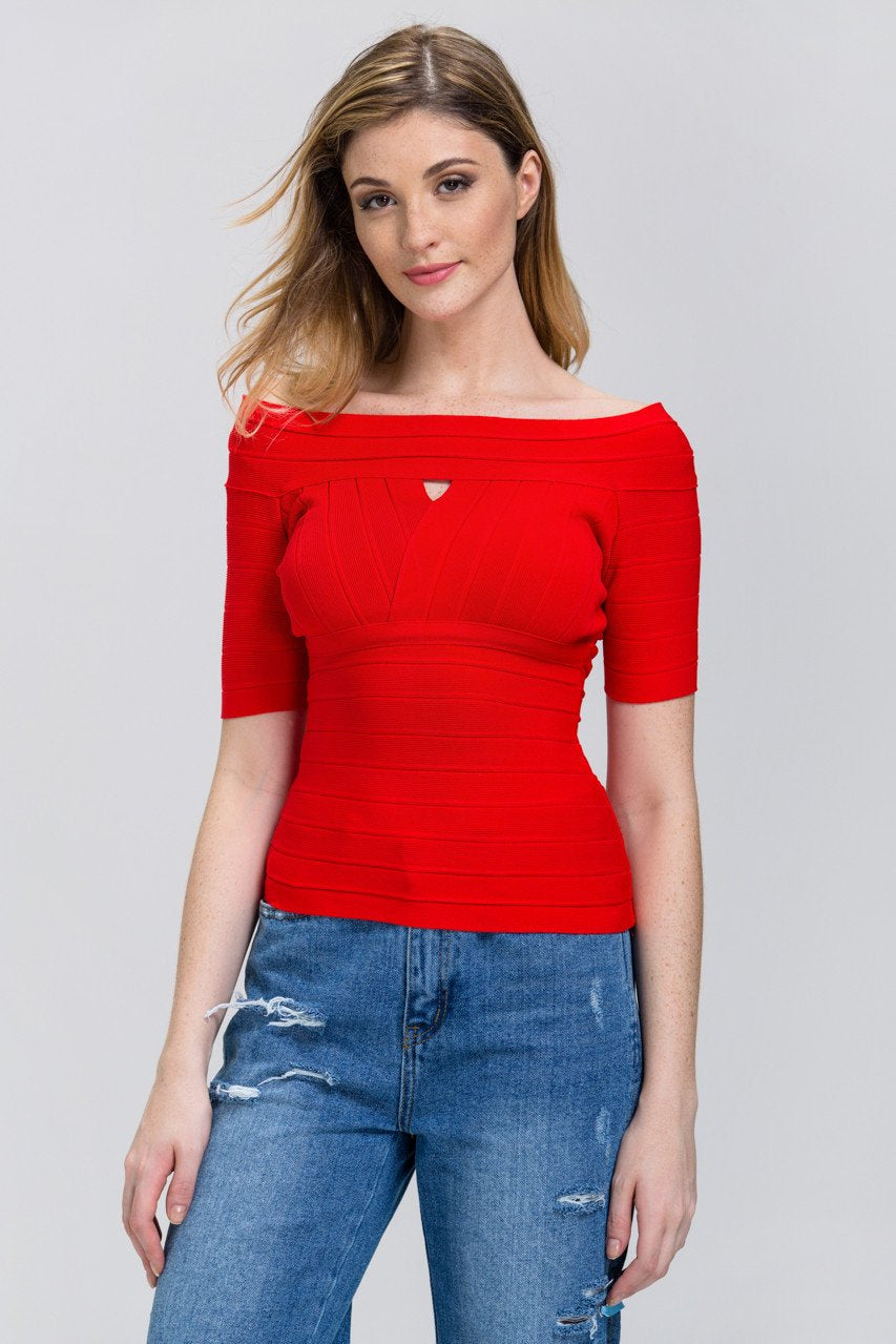 Red Zip Up off the shoulder Band Top Red Zip Up off the shoulder Band Top