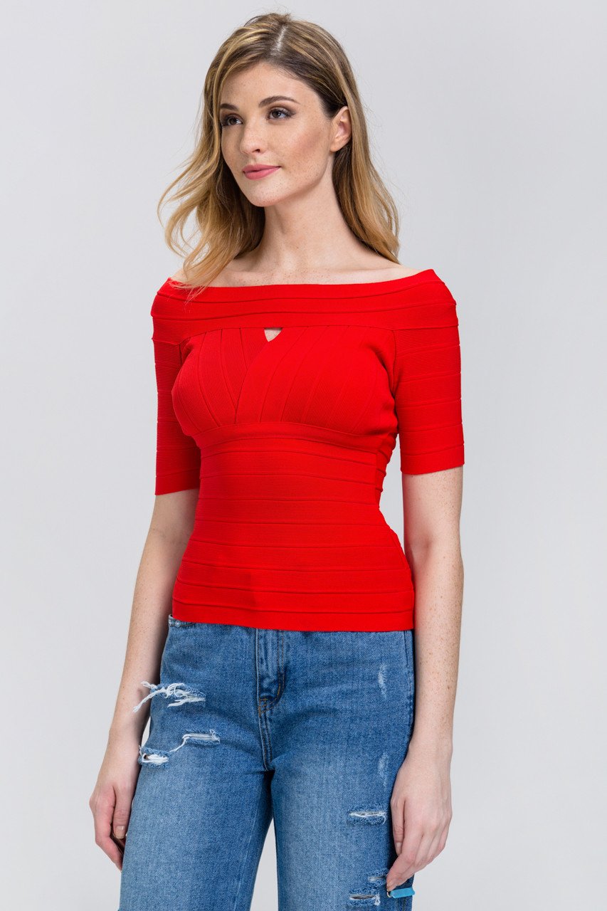 Red Zip Up off the shoulder Band Top Red Zip Up off the shoulder Band Top