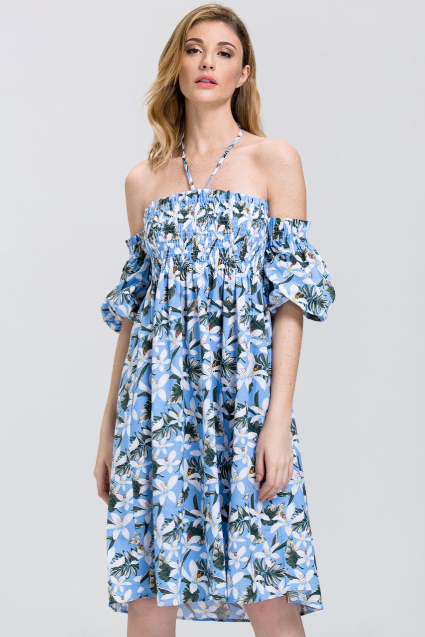 Tropical Flower Print Off the Shoulder Midi Dress Tropical Flower Print Off the Shoulder Midi Dress
