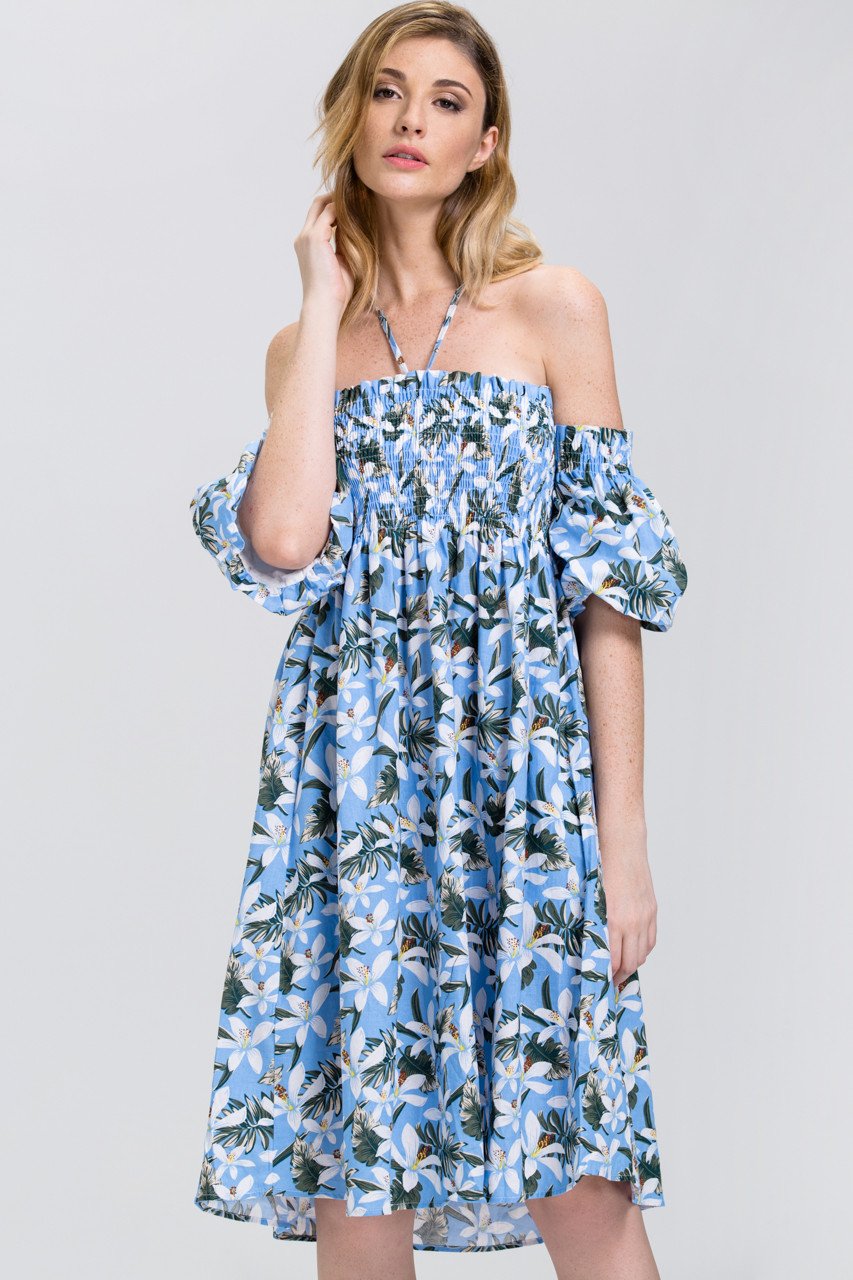 Tropical Flower Print Off the Shoulder Midi Dress Tropical Flower Print Off the Shoulder Midi Dress