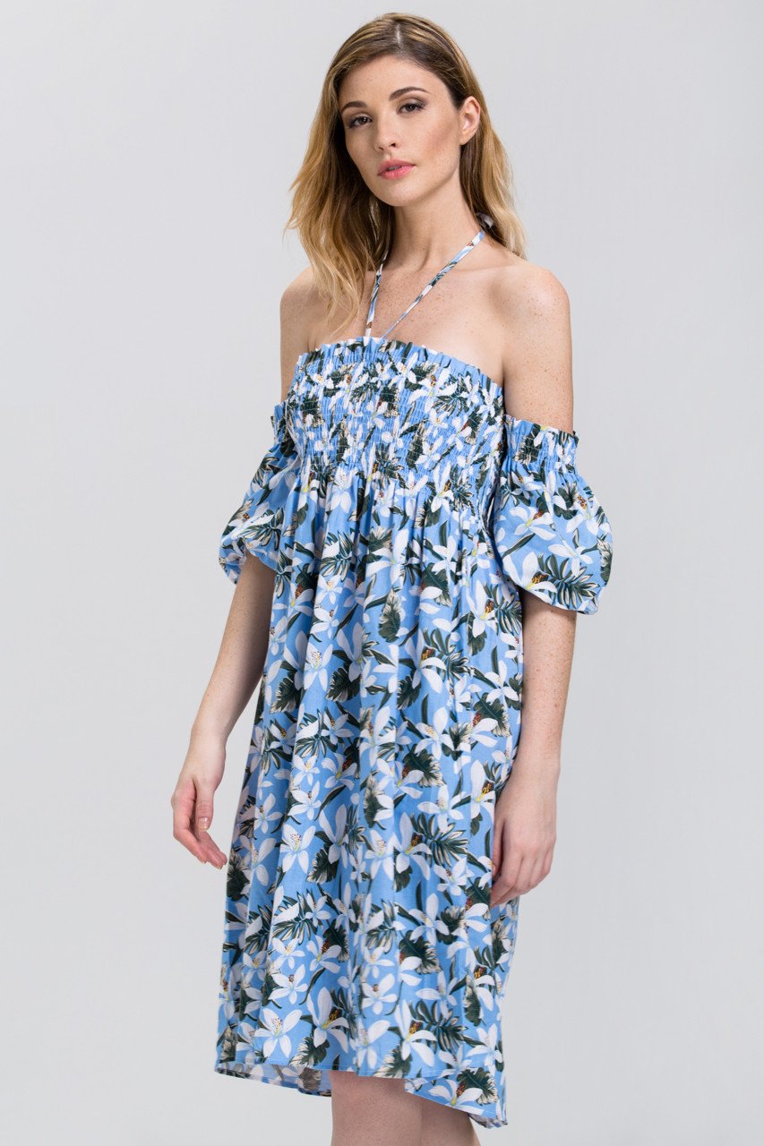 Tropical Flower Print Off the Shoulder Midi Dress Tropical Flower Print Off the Shoulder Midi Dress