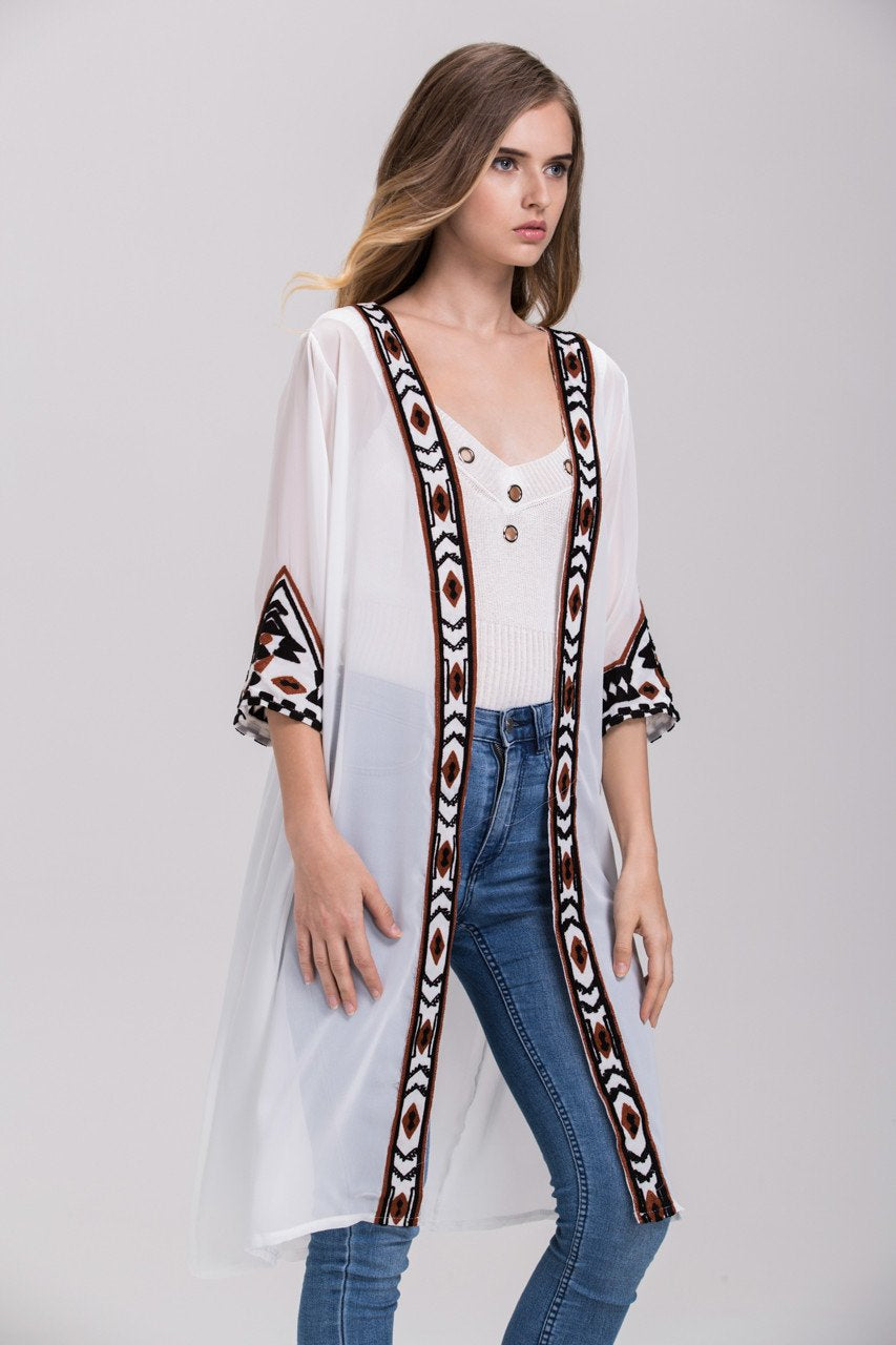 White Sheer Aztec Trim Robe Cardigan Top White Sheer Aztec Trim Robe Cardigan Top