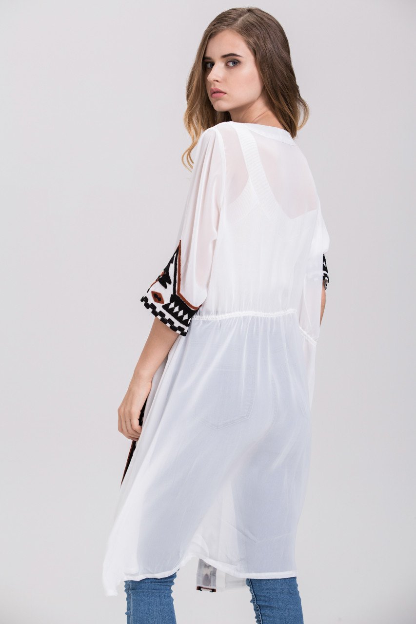 White Sheer Aztec Trim Robe Cardigan Top White Sheer Aztec Trim Robe Cardigan Top