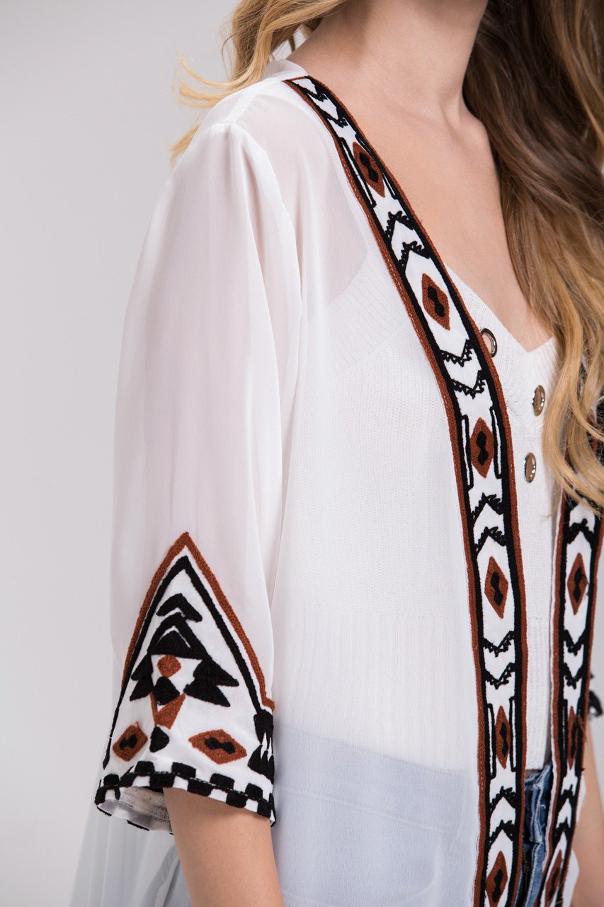 White Sheer Aztec Trim Robe Cardigan Top White Sheer Aztec Trim Robe Cardigan Top