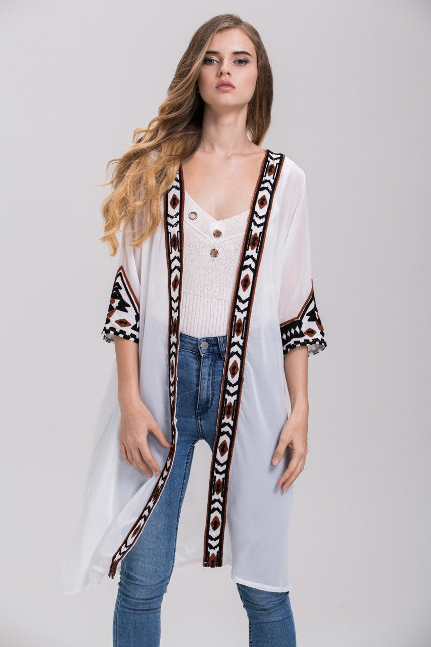 White Sheer Aztec Trim Robe Cardigan Top White Sheer Aztec Trim Robe Cardigan Top