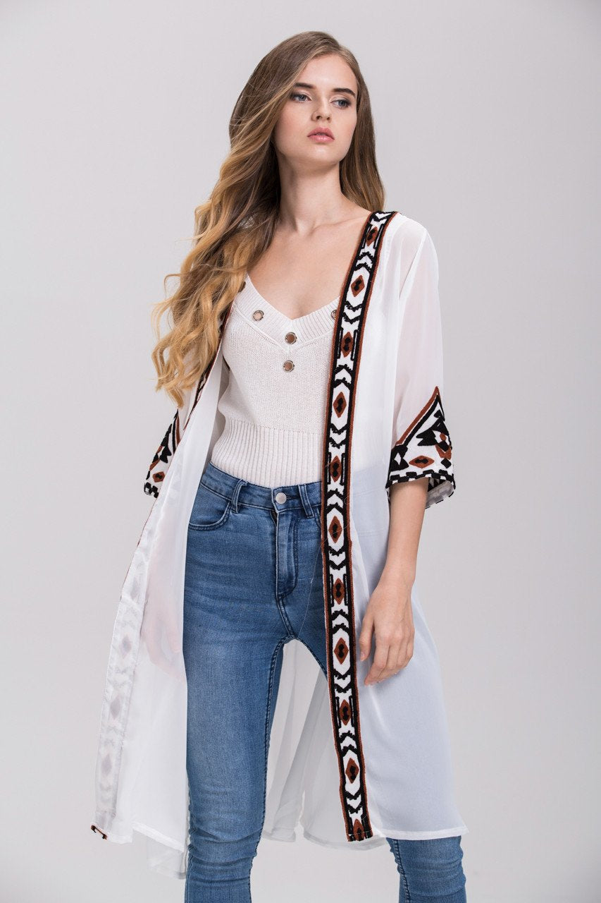 White Sheer Aztec Trim Robe Cardigan Top White Sheer Aztec Trim Robe Cardigan Top