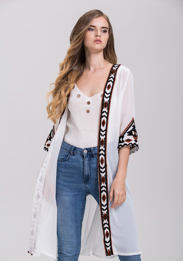 White Sheer Aztec Trim Robe Cardigan Top