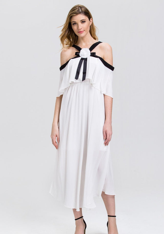 Fatima Almomen - White Chiffon Black Strap Off the Shoulder Midi Dress