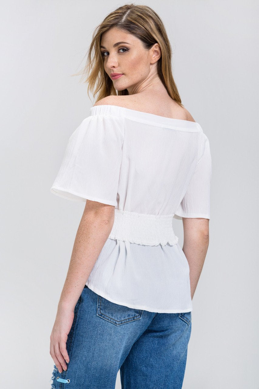 White Crepe Off-The-Shoulder Corset Top White Crepe Off-The-Shoulder Corset Top