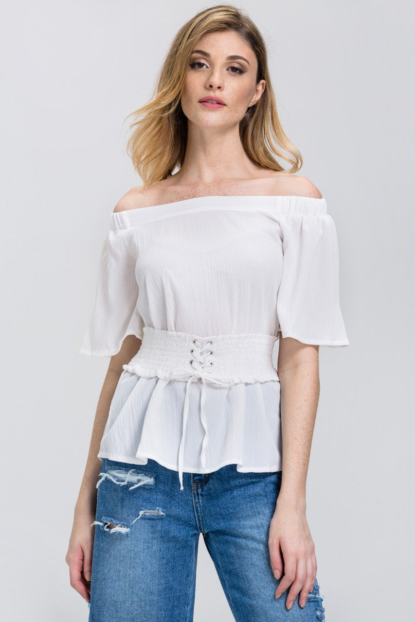 White Crepe Off-The-Shoulder Corset Top White Crepe Off-The-Shoulder Corset Top