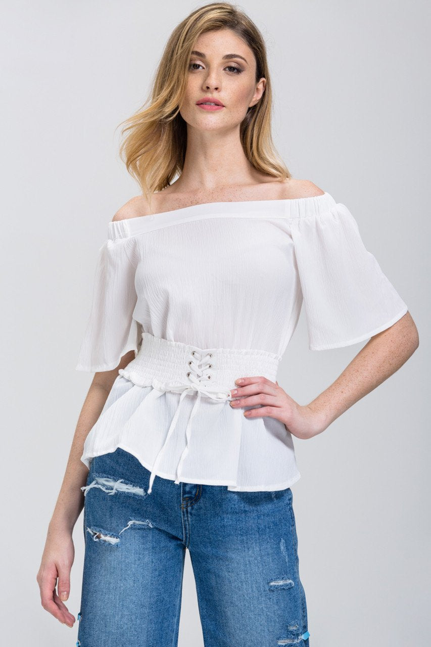 White Crepe Off-The-Shoulder Corset Top White Crepe Off-The-Shoulder Corset Top