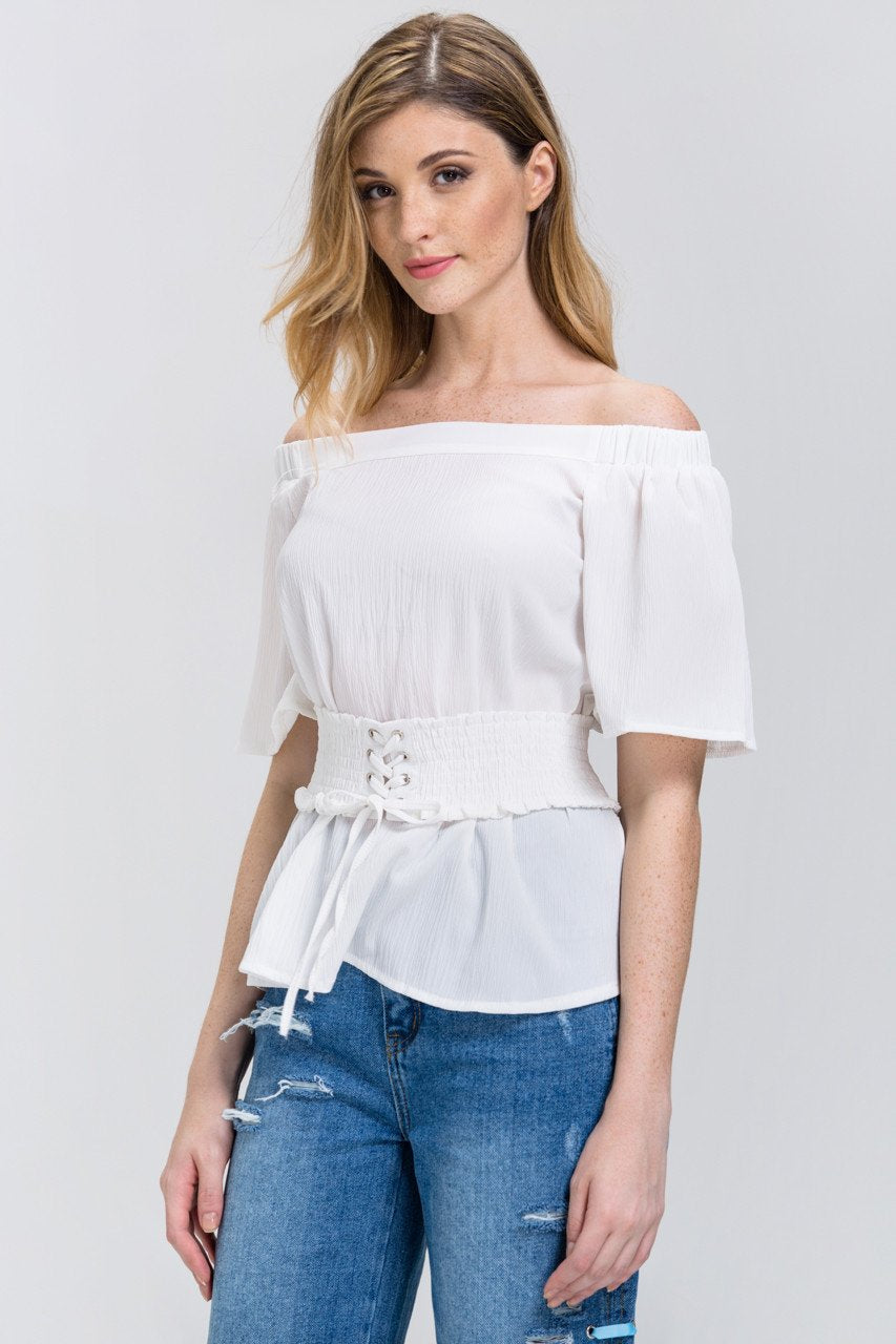 White Crepe Off-The-Shoulder Corset Top White Crepe Off-The-Shoulder Corset Top