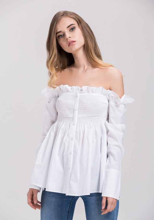 Dima Al Sheikhly - White Elastic Long Sleeves Button Up Off the Shoulder Top