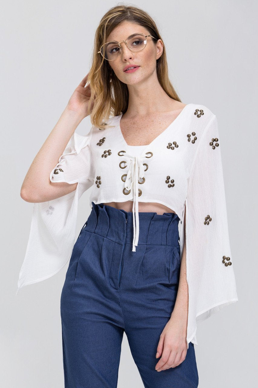 White Lace Up Flare Sleeve Bolero White Lace Up Flare Sleeve Bolero