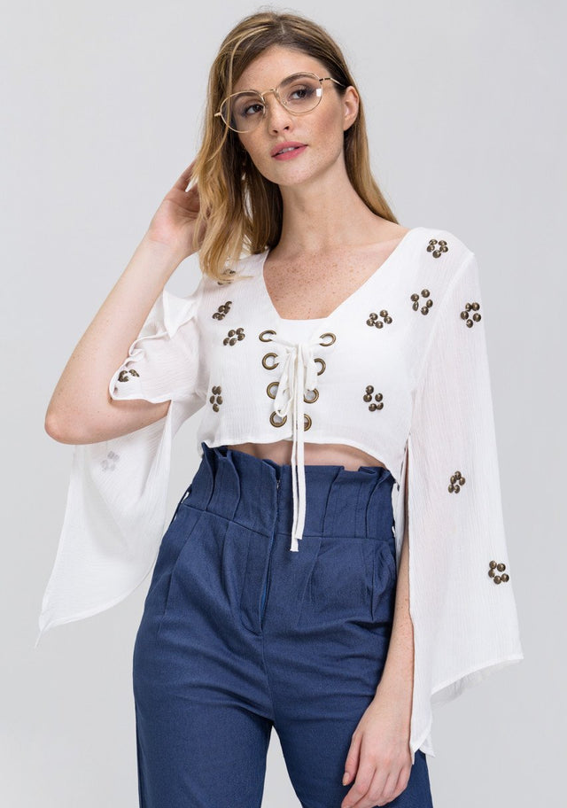 White Lace Up Flare Sleeve Bolero