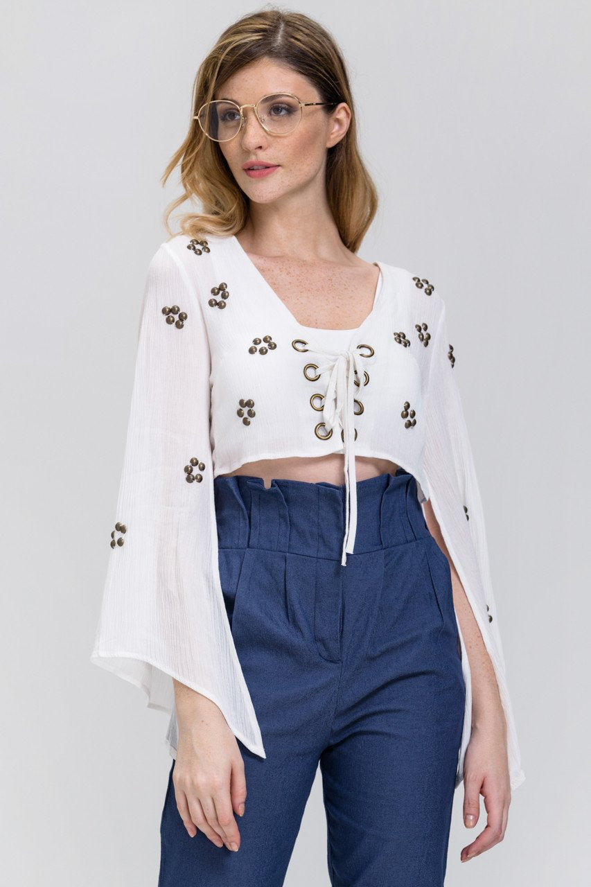White Lace Up Flare Sleeve Bolero White Lace Up Flare Sleeve Bolero