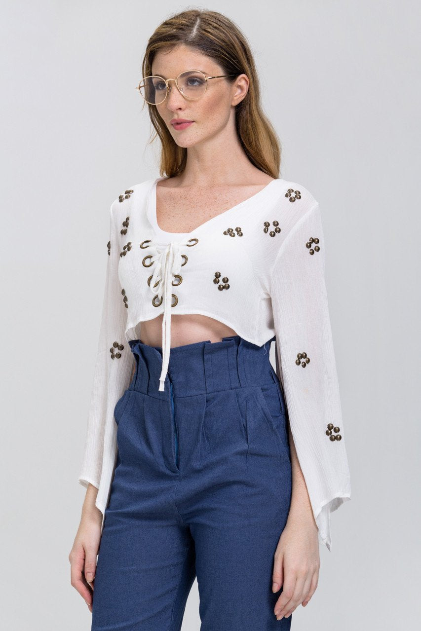 White Lace Up Flare Sleeve Bolero White Lace Up Flare Sleeve Bolero