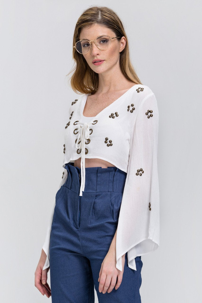 White Lace Up Flare Sleeve Bolero White Lace Up Flare Sleeve Bolero