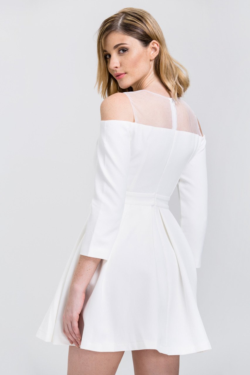 White Off-The-Shoulder Sheer Yoke Skater Mini Dress White Off-The-Shoulder Sheer Yoke Skater Mini Dress
