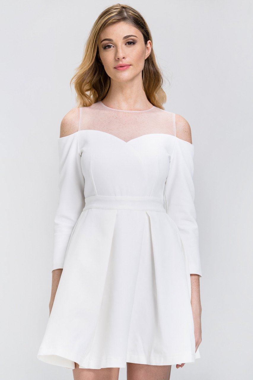 White Off-The-Shoulder Sheer Yoke Skater Mini Dress White Off-The-Shoulder Sheer Yoke Skater Mini Dress