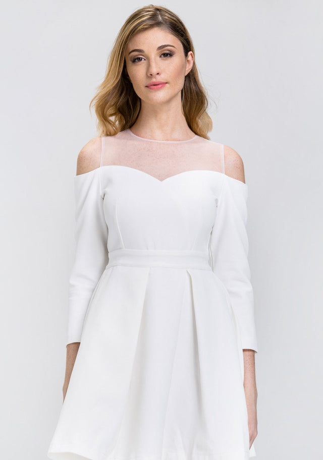 White Off-The-Shoulder Sheer Yoke Skater Mini Dress