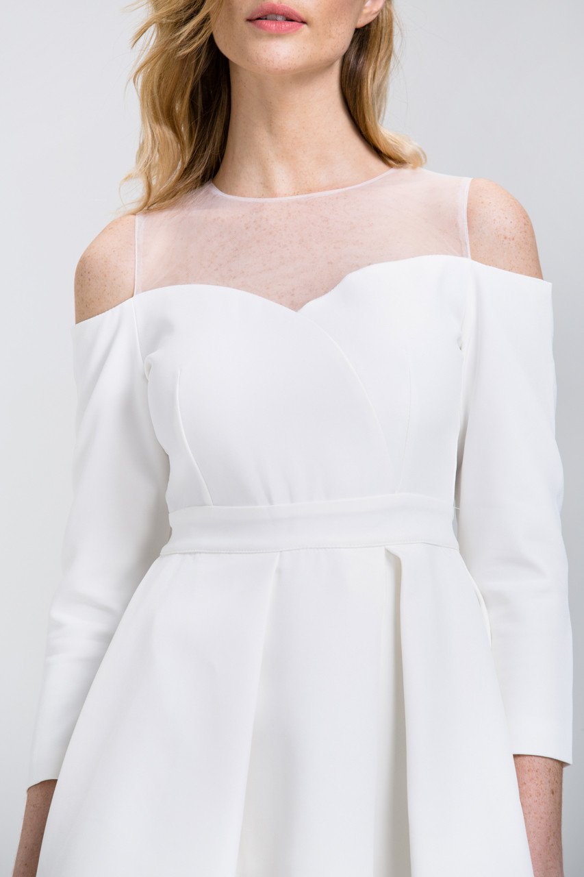 White Off-The-Shoulder Sheer Yoke Skater Mini Dress White Off-The-Shoulder Sheer Yoke Skater Mini Dress