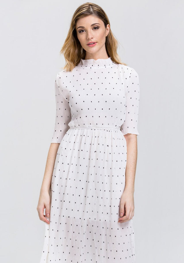 White Polka Dot Pleated Sleeved High Neck Midi Dress