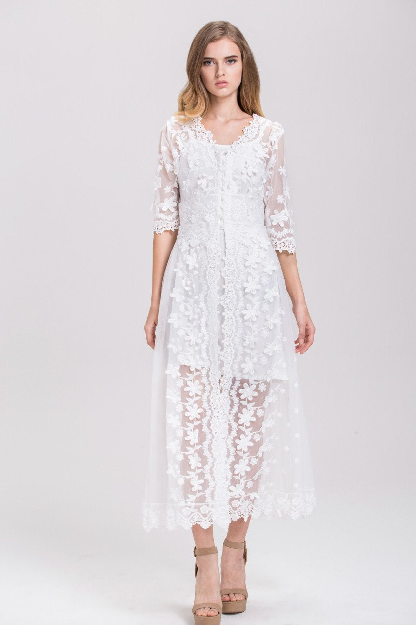 White Soft Tulle Guipure Lace Trim Layered Midi Dress White Soft Tulle Guipure Lace Trim Layered Midi Dress