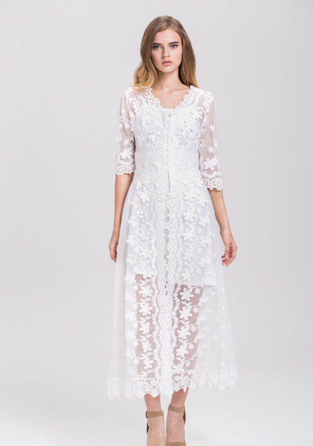 White Soft Tulle Guipure Lace Trim Layered Midi Dress