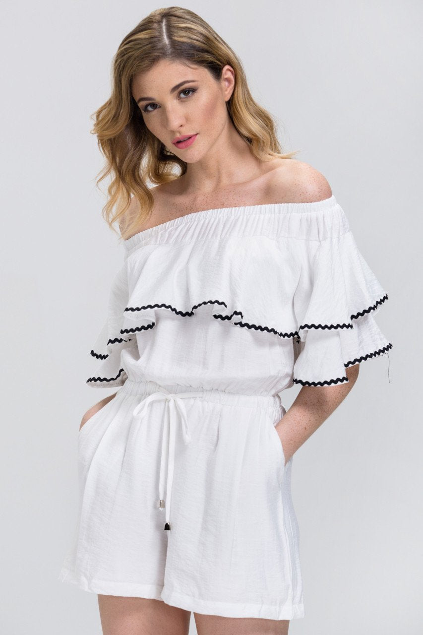 White Ruffled Off the Shoulder Drawstring Playsuit White Ruffled Off the Shoulder Drawstring Playsuit