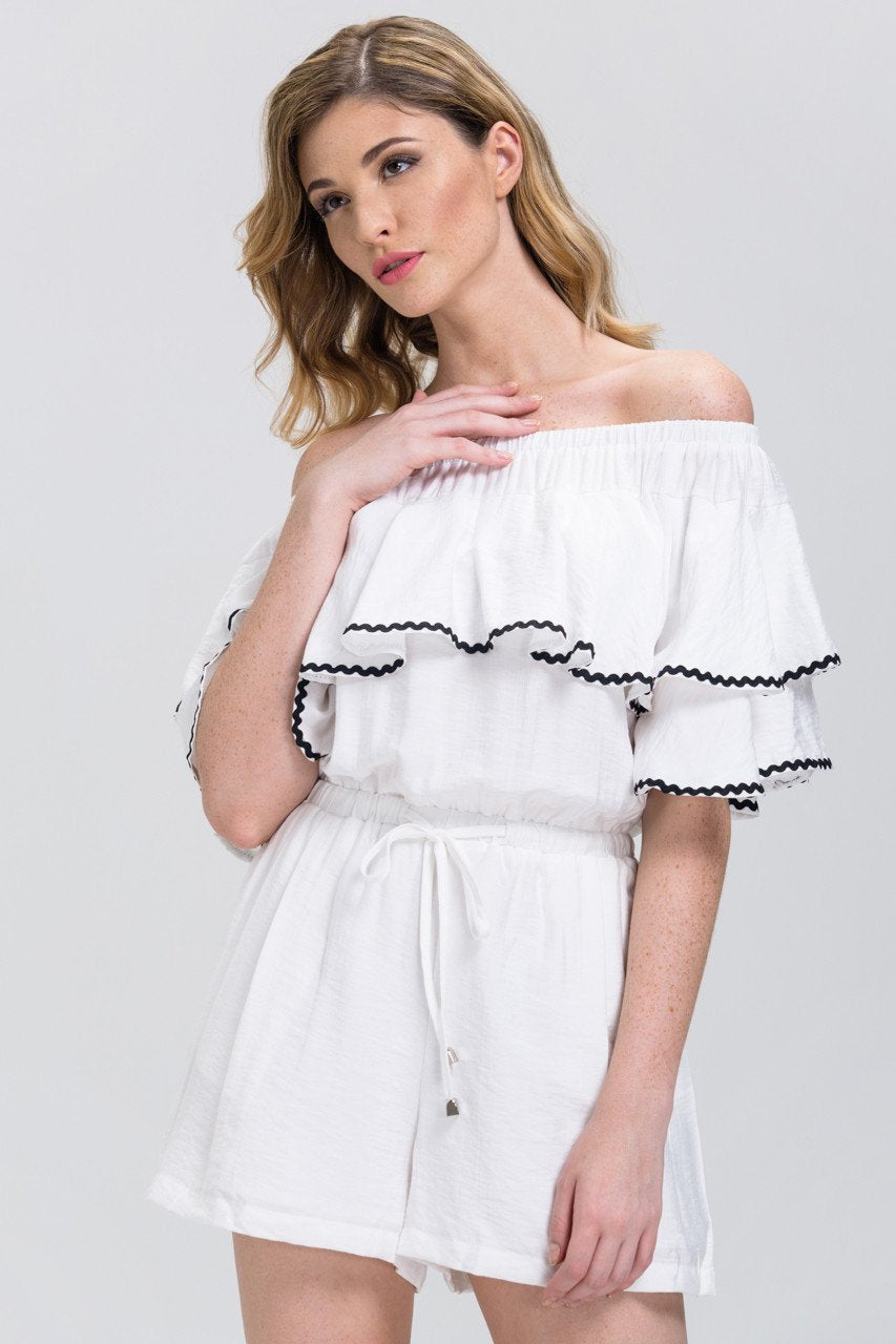 White Ruffled Off the Shoulder Drawstring Playsuit White Ruffled Off the Shoulder Drawstring Playsuit