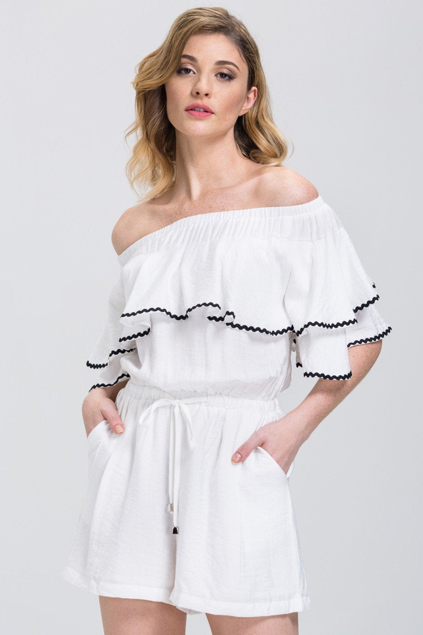 White Ruffled Off the Shoulder Drawstring Playsuit White Ruffled Off the Shoulder Drawstring Playsuit