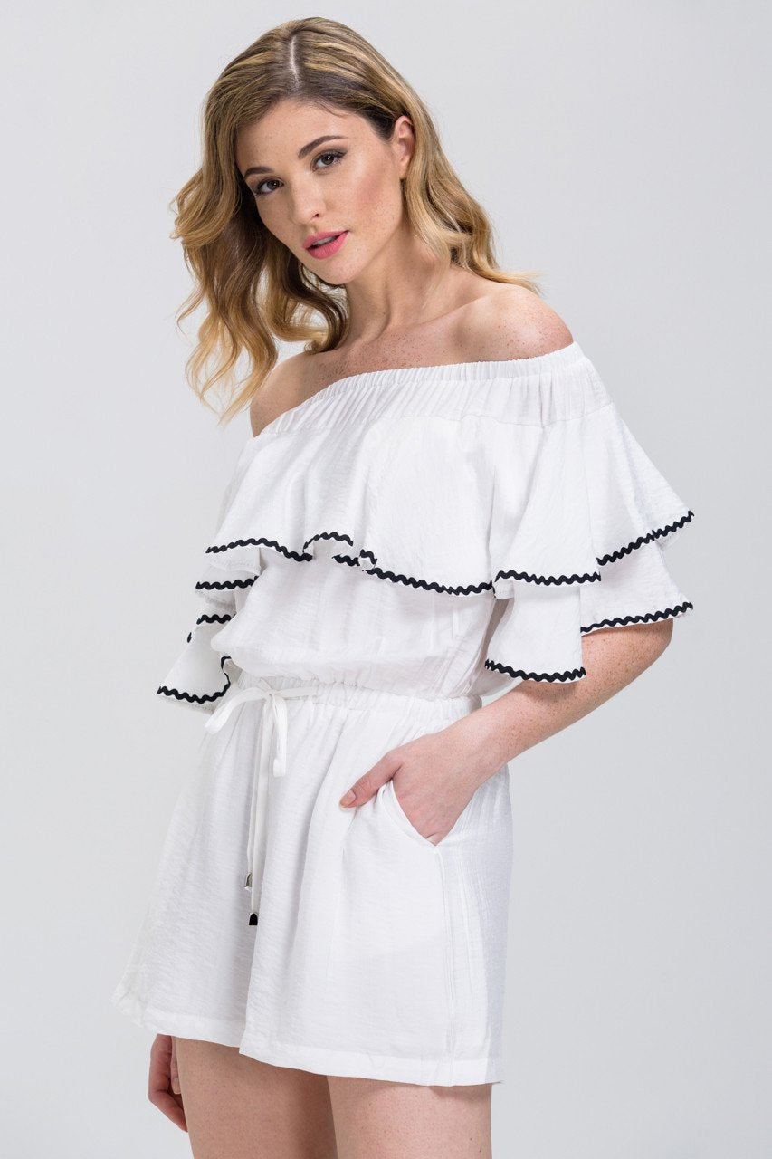 White Ruffled Off the Shoulder Drawstring Playsuit White Ruffled Off the Shoulder Drawstring Playsuit