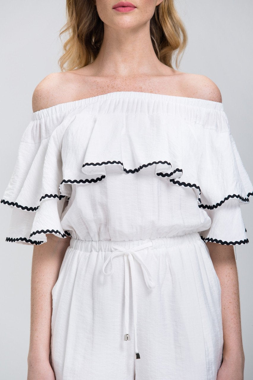 White Ruffled Off the Shoulder Drawstring Playsuit White Ruffled Off the Shoulder Drawstring Playsuit