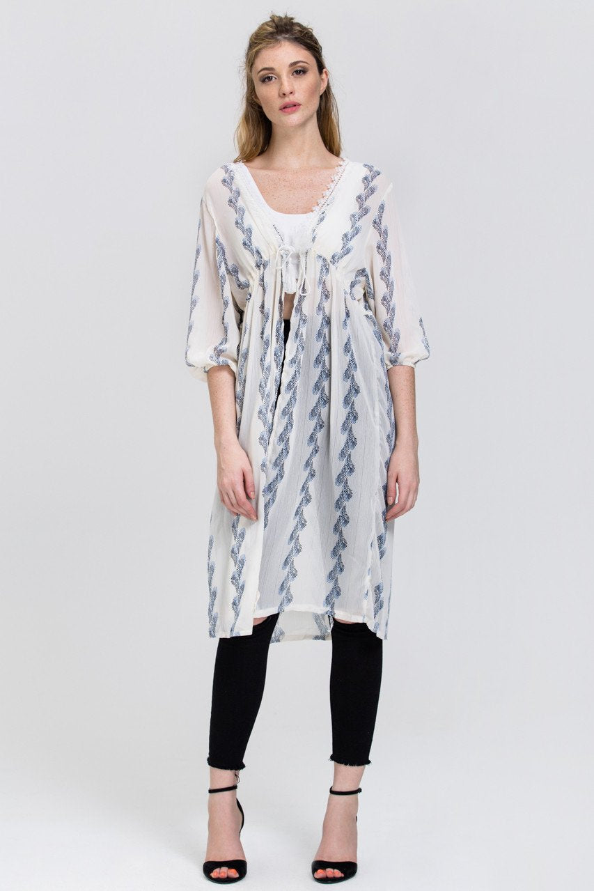 White Sheer Feather Print Long Robe Top White Sheer Feather Print Long Robe Top