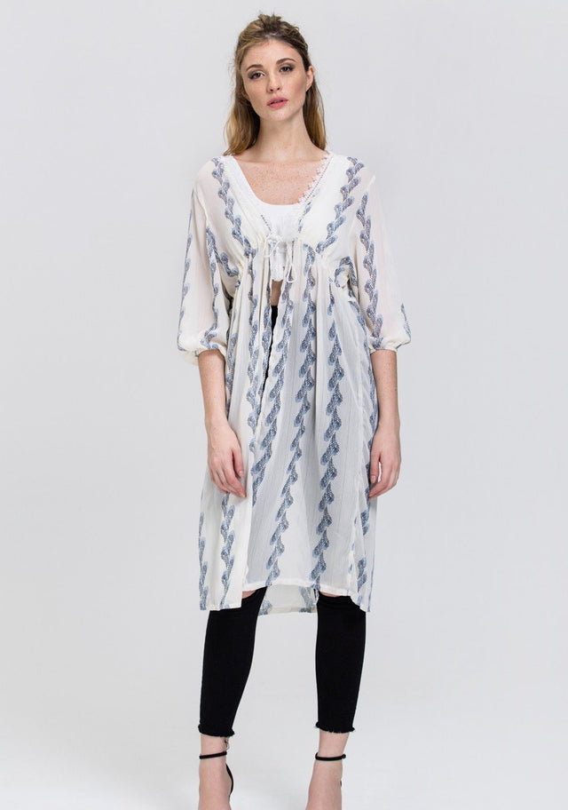 White Sheer Feather Print Long Robe Top