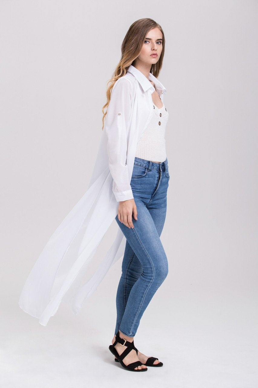 Rania Fawaz - White Sheer Gold Button Long Shirt Top Rania Fawaz - White Sheer Gold Button Long Shirt Top