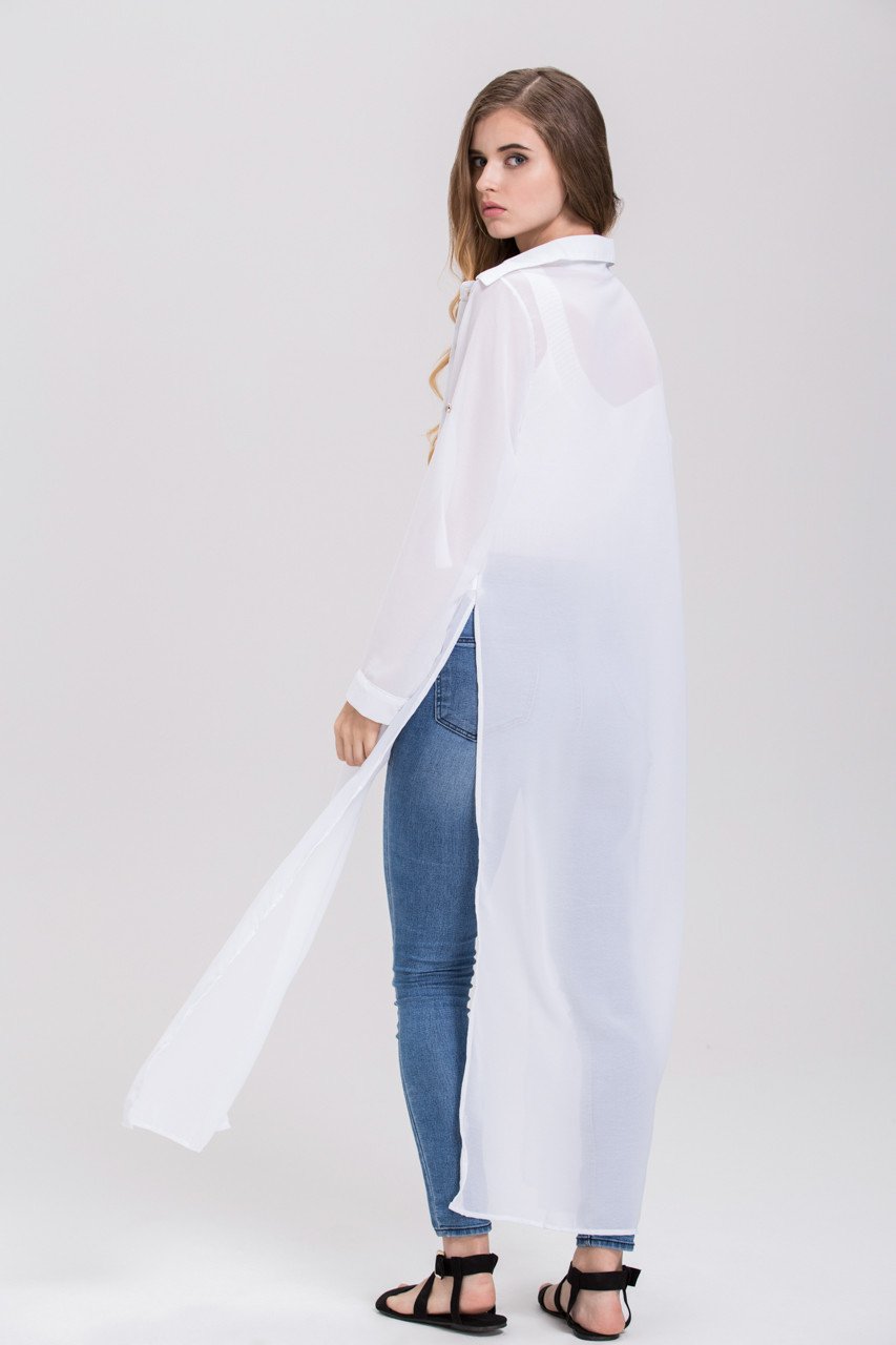 Rania Fawaz - White Sheer Gold Button Long Shirt Top Rania Fawaz - White Sheer Gold Button Long Shirt Top