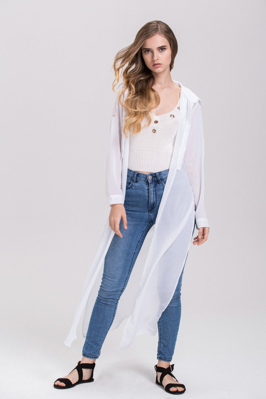 Rania Fawaz - White Sheer Gold Button Long Shirt Top Rania Fawaz - White Sheer Gold Button Long Shirt Top
