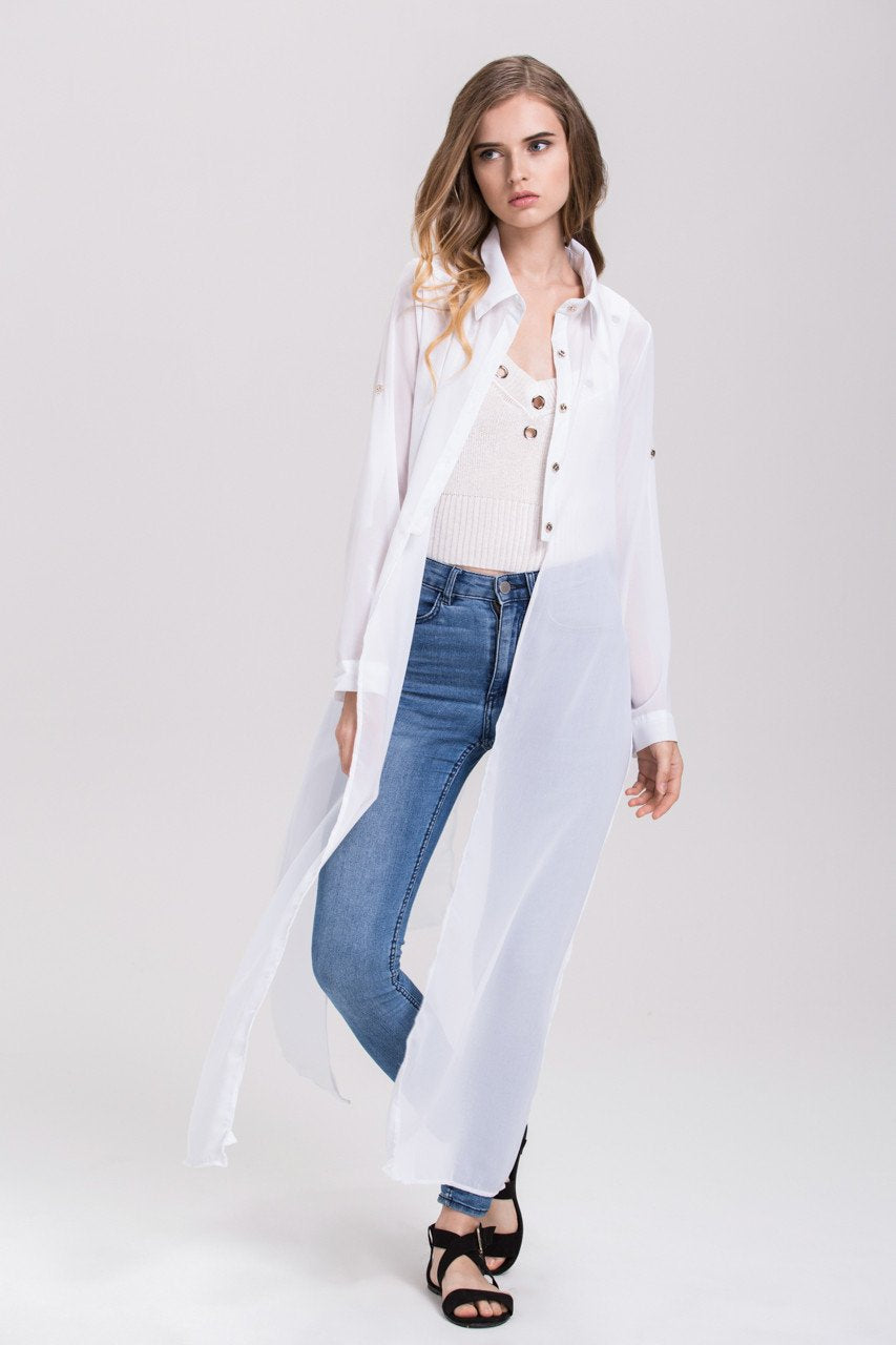 Rania Fawaz - White Sheer Gold Button Long Shirt Top Rania Fawaz - White Sheer Gold Button Long Shirt Top