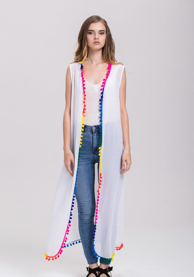 White Sheer Rainbow Pompom Trim Long Vest Cardigan