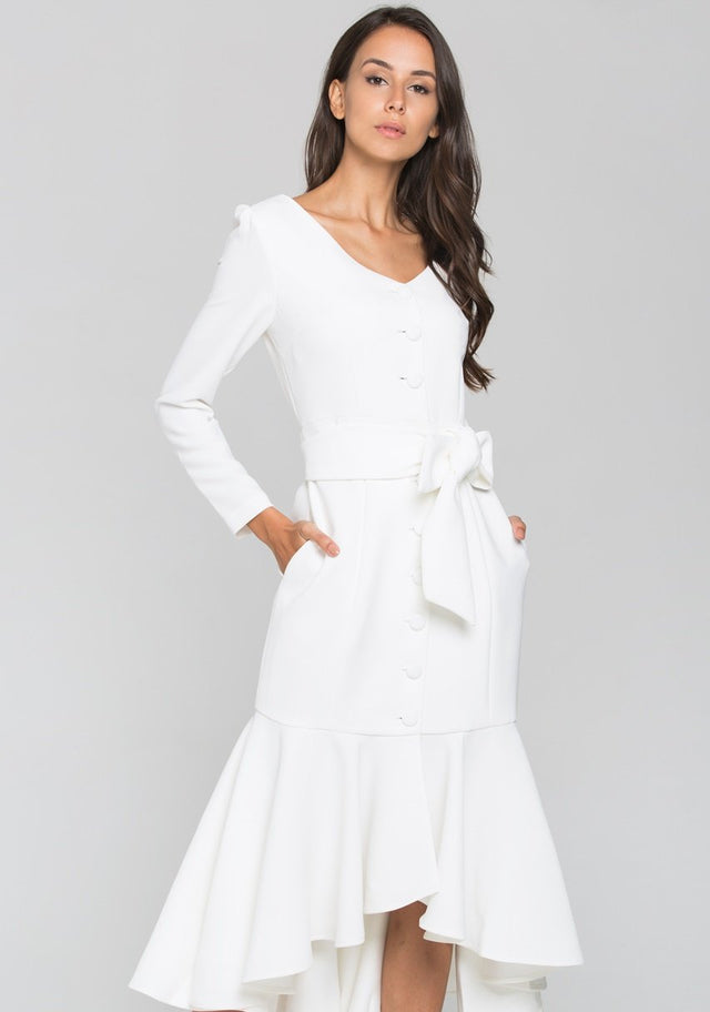 White Sleeved Button Up Trumpet Midi Dress