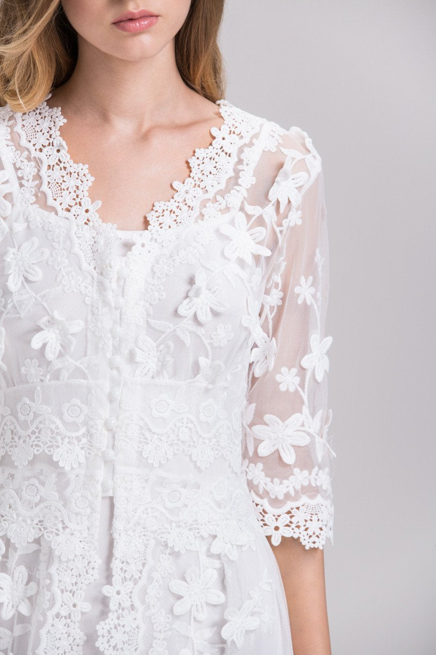 White Soft Tulle Guipure Lace Trim Layered Midi Dress White Soft Tulle Guipure Lace Trim Layered Midi Dress