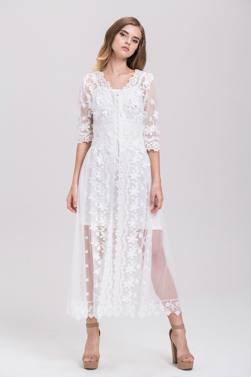 White Soft Tulle Guipure Lace Trim Layered Midi Dress White Soft Tulle Guipure Lace Trim Layered Midi Dress