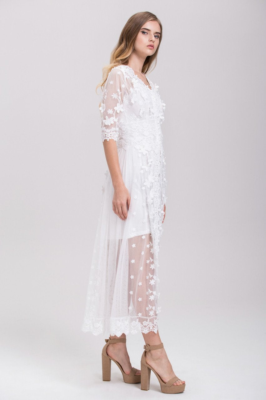 White Soft Tulle Guipure Lace Trim Layered Midi Dress White Soft Tulle Guipure Lace Trim Layered Midi Dress