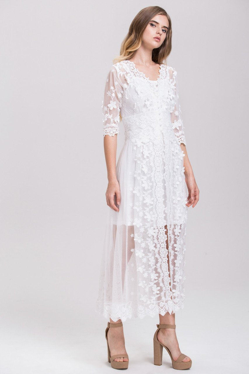 White Soft Tulle Guipure Lace Trim Layered Midi Dress White Soft Tulle Guipure Lace Trim Layered Midi Dress